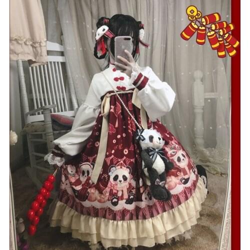 Original Design Chinese Style Womens Lolita Dress Lantern Sleeve Hanfu Bow Gorgeous Panda Chi-Pao One Piece Kawaii