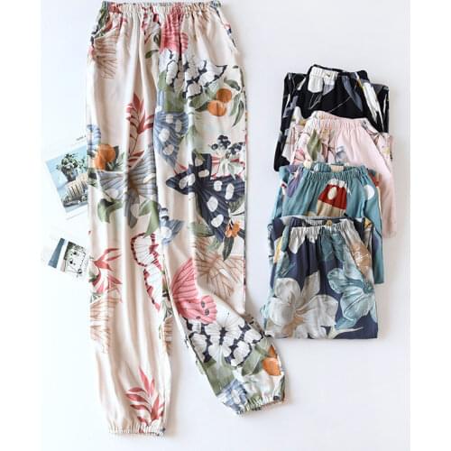 Women Summer Thin Cotton Pajama Pants Flower Printed Home Trousers Can Be Worn Outside Mosquito Sleep Bottoms Spodnie Damskie