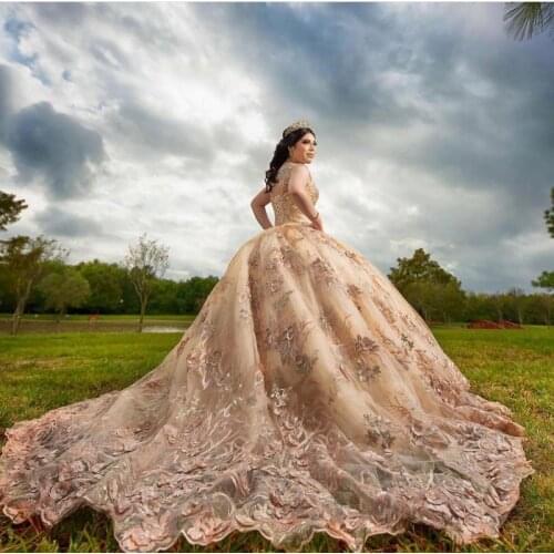 Cara&Alan Champagne Major Beading Quinceanera Dresses with Applqiued Sweet 16 Prom Dress vestido xv años