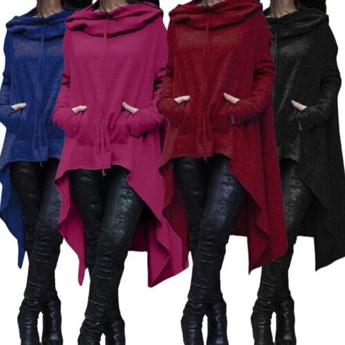 Casual Women Sweatshirt Solid Color Draw Cord Long Sleeve Poncho Loose Irregular Hooded Sweatshirt hoodies For Womens Clothing
