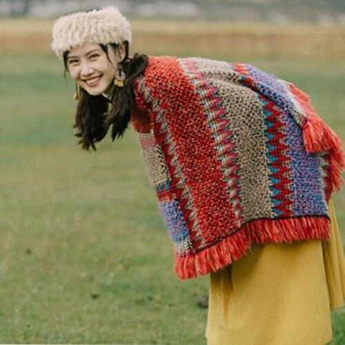 Rainbow Cardigan Comfy Mohair Stripe Scarf printing tassels Warm Holiday Women Korean Girl Cape Trendy multiColorful Sweet Cloak