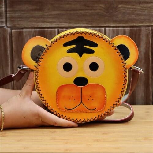 Genuine leather creative handmade round tiger shoulder messenger backpack cute birthday gift animal cartoon bag