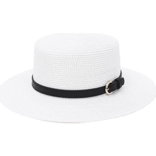 New Summer Womens Boater Beach Hat Paper Wide side Female Casual Panama Hat Belt Flat Straw Sun Hat