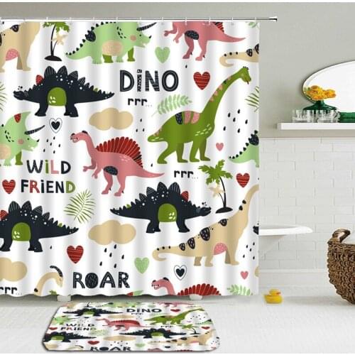 Cartoon Dinosaur Shark Fish Animals Shower Curtains Set Mat Bathroom Waterproof Cloth Non-slip Floor Mat Bath Curtains