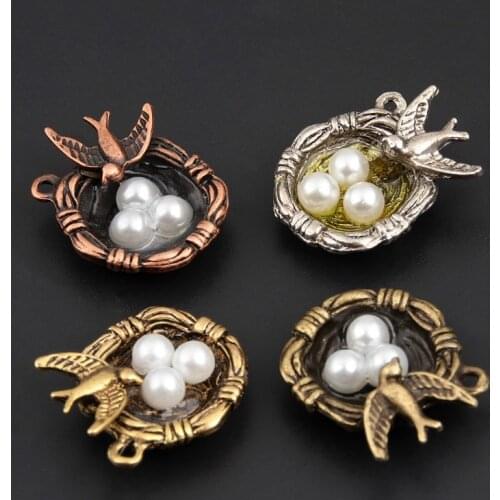 8pcs 4 Colors Cute Bird Nest Charms with Bird and Three Eggs Metal Bracelet Necklace Jewelry Findings A446/745/744/408