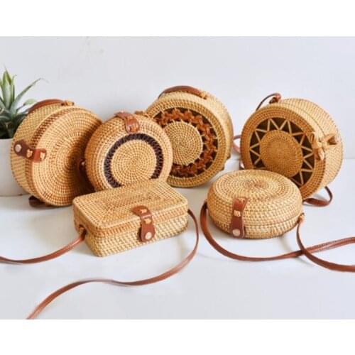 Woven Rattan Bag Round Straw Shoulder Bag Small Beach HandBags Women Summer Hollow Handmade Messenger Crossbody Bags