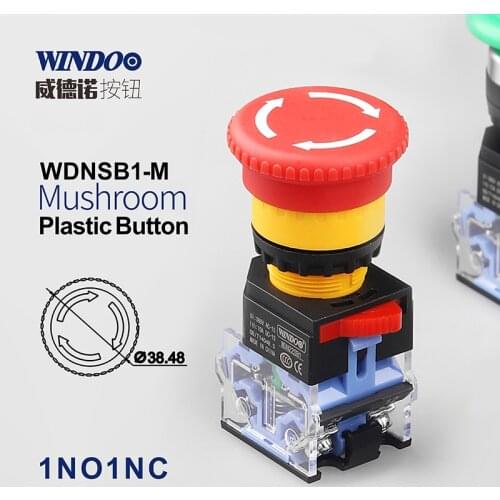 WINDOO Red mushroom head emergency stop button Plastic push button switch 1NO1NC scram button
