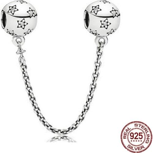 New 925 Sterling Silver Sparkling Star Pavé Safety Chain Charm Fit Original Pandora Bracelet Necklace DIY Women Jewelry Accessor