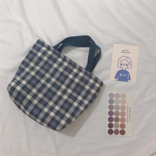 Women Plaid Lunch Bag Portable Canvas Food Picnic Travel Convenient Women Handbag Lattice Tote Cold Bales Thermal Lunch Box