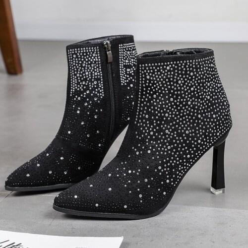 Sequins Bling High Heel Boots 8cm Point Toe Women Ankle Boots Autumn Winter Office Lady Zipper Booties Woman 2021 Women