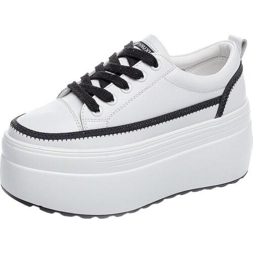 Fujin 8cm genuine leather White Shoes Female 2021 Spring New Thick-soled Student Board Shoes Female platform chunky wedge Shoes