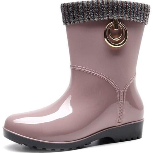 Lady New Women PVC Fur Warm Rain Boots Solid Short Tube Low Heel Female Shoes Adult Waterproof Jelly Rubber Boots Candy Color7jk