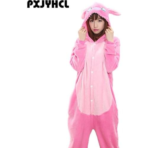 Adult Anime Kigurumi Onesies Blue Pink Stitch Costume For Women Flannel Soft Animal Onepieces Sleepwear Home Cloths Girl