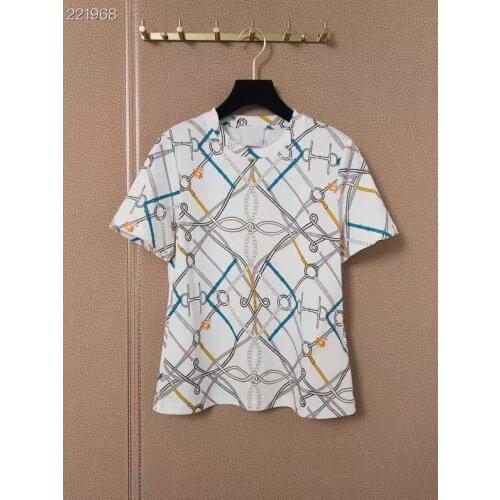 2021 Summer Fashion Casual Pullover Tops Womens Clothing Runway Elegant Chain Print O-Neck Short Sleeves T-shirt