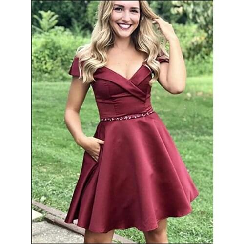 Off Shoulder Homecoming Graduation Dresses Short V-Neck Satin A-Line Beaded Belt Homecoming Dress with Pockets for Women