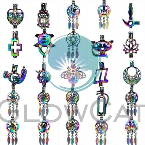 1X Rainbow Cross Tool Cat Flower Animals Heart Dreamcatcher Beads Cage Perfume Oyster Pearl Cage Locket for Pendant Jewelry