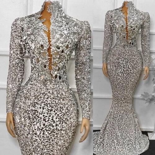 2021 African Sequins Evening Dresses Long Sleeves Mermaid Women Formal Party Dress Sparkly Beaded High Neck Prom Gowns