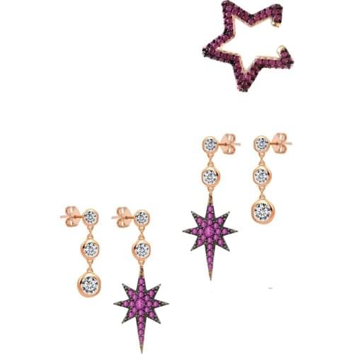 925 sterling Silver Füşya Colored Stem ruby Zircon Cubic Zirconia Pole Star Cartilage pcs set Earrings combination