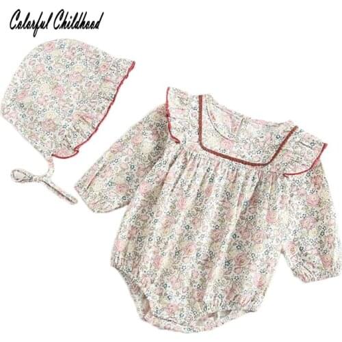 Newborn Baby Girl Bodysuits Long Sleeve Sweet Infant Girls Floral Bodysuit Twin Baby Clothing Body Fall Winter Clothes With Hat
