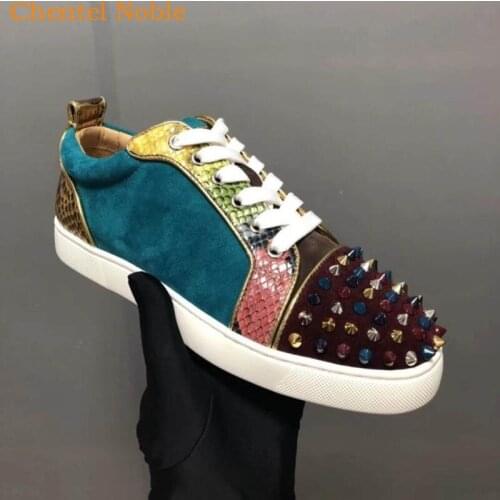 Brand Chentel Flock Patchwork Outdoor Casual Party Men Flats Sneaker Spikes Multicolor Lace-Up Large Size Vulcanized Shoes