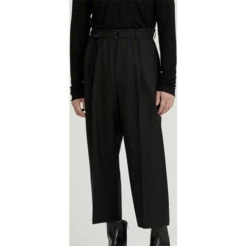 Yamamoto style mens casual pants nine-point pants loose slightly wide-leg pants dark simple minimalist belt