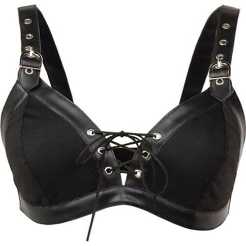 New Women Sexy Bra Push Up Backless PU Gothic Summer Faux Leather Punk Rock Elastic Ladies Lace Up Black Wireless Bras