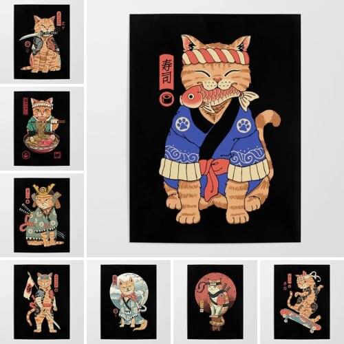 Home Decor Ramen Wall Art Canvas Painting Samurai Cat Print Posters Kimono Modular Picture Skateboard Cuadros For Bedroom Frame