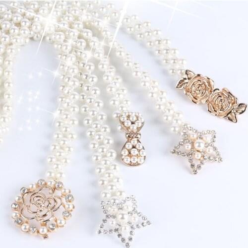 Elegant Women Pearl Belt Waist Elastic Buckle Chain Belts Dress Strap Elegant Womens Belt Flower Buckle Female Crystal Gift