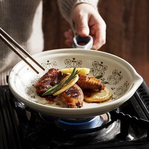 Japanese Handle Ceramic 8 Inch Bake Pan Microwave Household Open Fire Soup Pot Sharp Spout Pizza Frying Seafood Pan