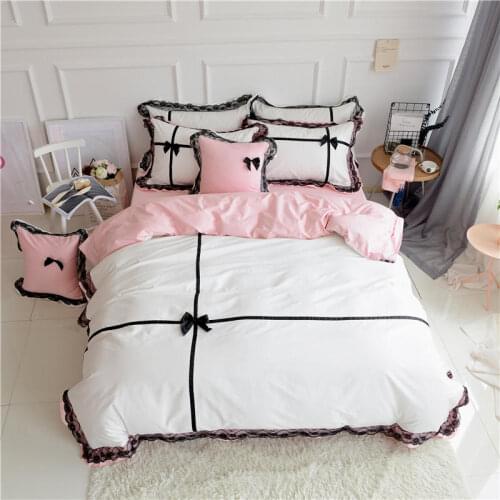 Luxury 100% cotton Bedding set King Queen size 4Pcs White/black Wedding Bed set Duvet cover Bedsheet Korean lace bow gift