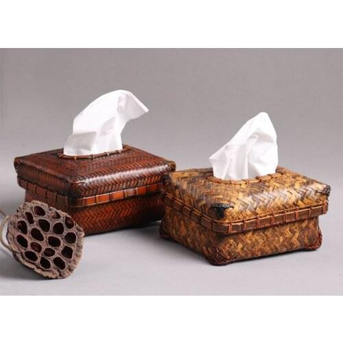 Chinese Traditional Style Natural Bamboo Tissue Box Eco-friendly Durable Retro Handmade Weave Rattan Storage Box For Home Hotel
