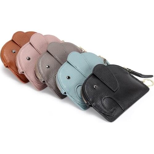 Women Children Gift Animal Elephant Funny Short Mini Genuine Leather Zip Coin Purse Wallet With Keychain