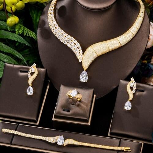 Blachette Trendy Luxury Emeralds Waterdrop Necklace Earring Bangle Ring 4PCS for Women Wedding Indian Dubai Bridal Jewelry Sets