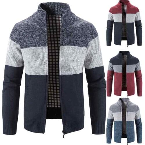 Mens knitwear autumn and winter fleece thick warm sweater patchwork stripe zipper cardigan loose casual jacket