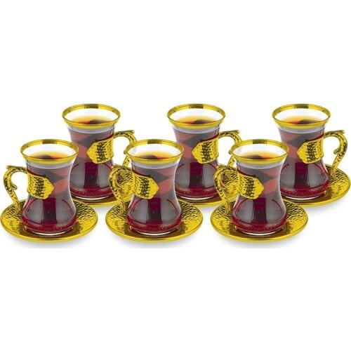 Set Of 6 Tea Glasses with Cup Holders and Glass Saucers Gold Silver Arabic Turkish Greek Tea Authentic New Home Wedding Gift