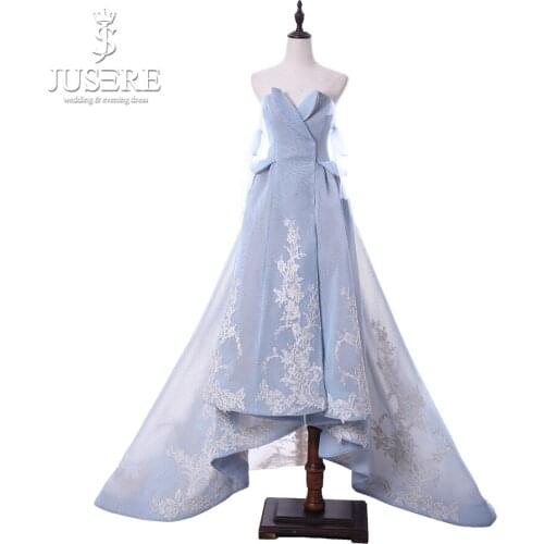 Jusere Design Light Blue High Low Prom Dress Off Shoulder Sleeveless Party Gowns Vestidos de fiesta Real Photos