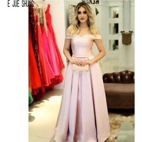E JUE SHUNG Chic Pink Evening Dresses Off Shoulder Lace Up Back Formal Dresses A Line Prom Gowns Cheap Satin Vestidos De Fiesta