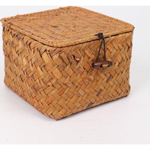 Straw Basket with Cover Vintage Cosmetic Makeup Jewelry Storage Box Zakka Container Children Toys Travel Organizer