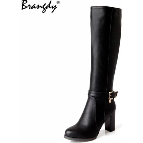 Brangdy Keep Warm Women Knee High Boots Autumn Winter PU Leather Women Shoes Round Toe Fashion High Heel Woman Boots Size 34-43