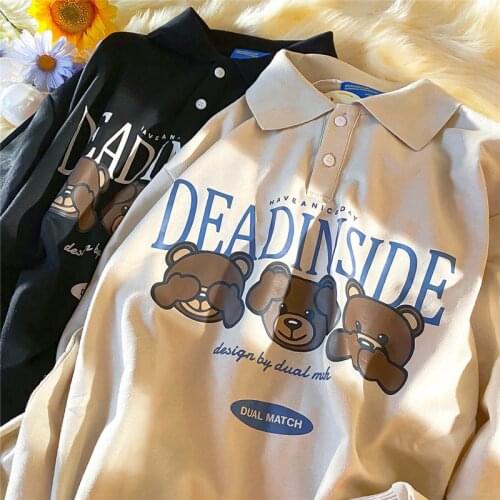 Womens Winter Tops Turndown Collar Cartoon Print Sweatshirt Harajuku Streetwear Women Long Sleeve Pullovers Women Loose Hoodies