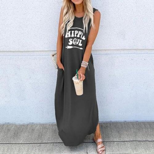 Women Tank Dress O-neck Sleeveless Letter Printed Plus Size Long Dresses Casual Daliy Boho Long Maxi Dress Female Beach Dresses