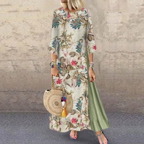 Women Vintage Dress Print Floral Patch 3/4 Sleeve O-neck Loose Maxi Dress Vestido De Mulher Roupas Femininas Robe Femme Été