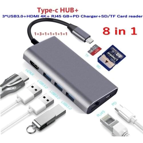 20PCS USB3.1 Type-c 8 in 1 Multi-ports HUB USB-C To 3*HUB 3.0 HDMI4k RJ45 1000Mbps +PD+TF/SD Card Reader For MacBook Pro Mate20