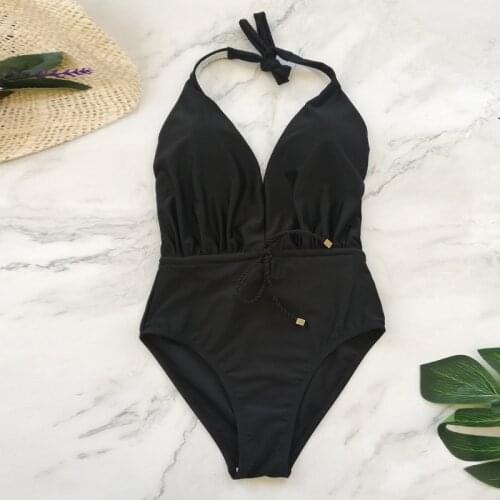2019 Sexy One Piece Swimsuit One Piece V Neck Bandage Cross Back Neck Monokini Black Swimwear Women Bathing Suits Swimming Suit