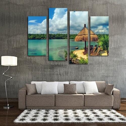 Unframed 4 Panels Wall Canvas Painting Pictures Modern HD Blue Sky White Clouds Green Water Painting Canvas Wall Art Home Decor