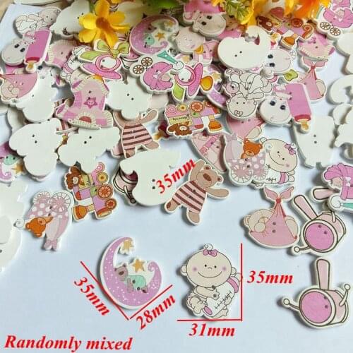 40PCs Random Mixed baby Lovely cartoon 2 Holes Sewing Wood Buttons Flatblck Scrapbooking