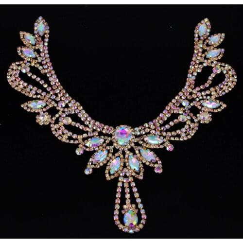 Clothing Accessories Gold Ab Crystal collar RhinestoneBig Neckline sew-on Rhinestone Appliqu for Wedding Dress Decoration