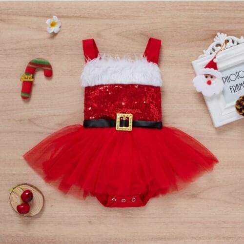 Christmas Infant Baby Girl Romper Fluffy Sequined Sleeveless Jumpsuits Mesh Skirt for Toddler 0-18 Months Backless Bodysuits