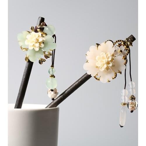 Chinese Ethnic Ancient Synthetic Flower Hairpin Headwear Hanfu Tassel Princess Step Shake Wood Hair Stick Coloured Glaze Hairpin