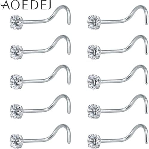 AOEDEJ 10 Pcs 1 Lot 20g Nose Rings & Studs Round Crystal Nose Rings Piercing Body Jewelry L-shape Nose Stud Cubic Zircon Nostril